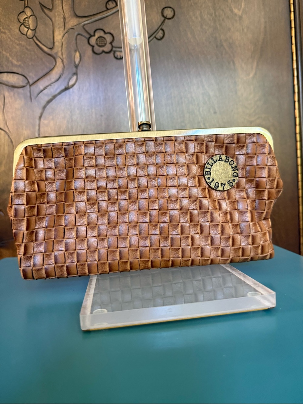 Billabong Tan Brown Woven Frame Clutch Wallet